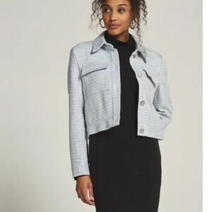 Zara Blue and White Tweed Cropped Long Sleeve Shacket Size medium